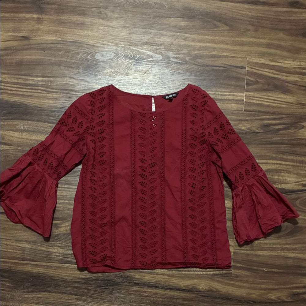 Express Women's Burgundy Eyelet Bell-Sleeve Blouse